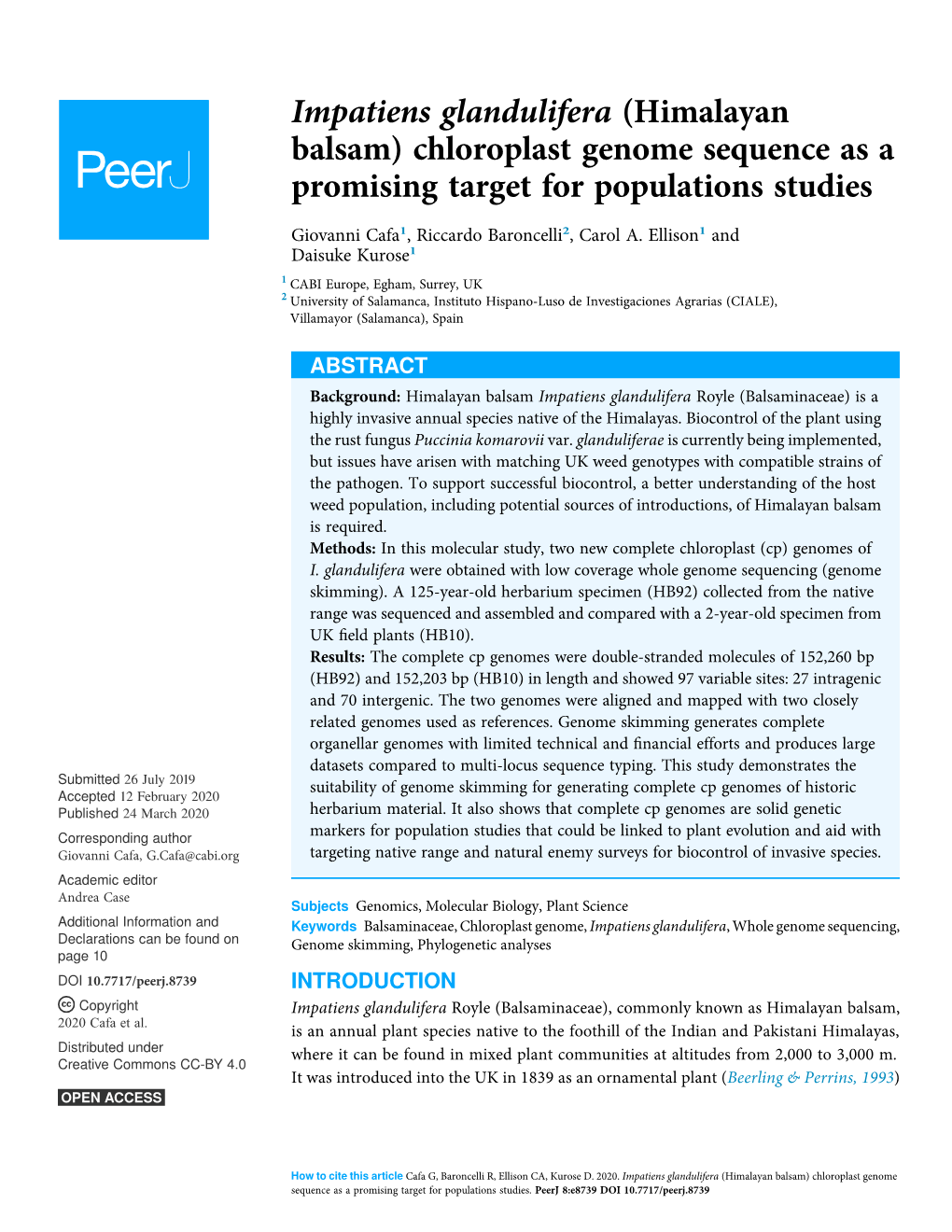 Impatiens Glandulifera (Himalayan Balsam) Chloroplast Genome Sequence As a Promising Target for Populations Studies