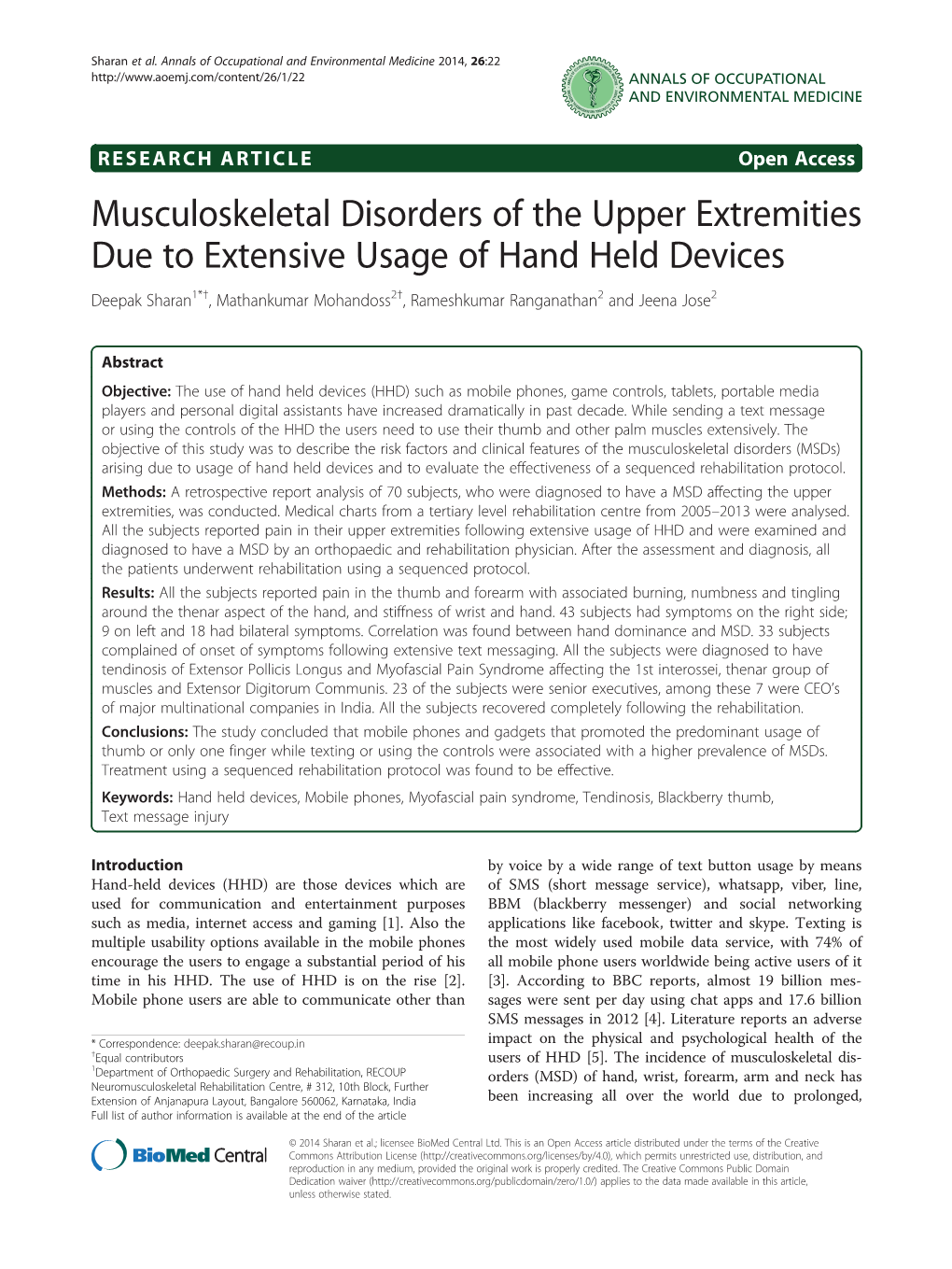 Musculoskeletal Disorders of the Upper Extremities Due to Extensive