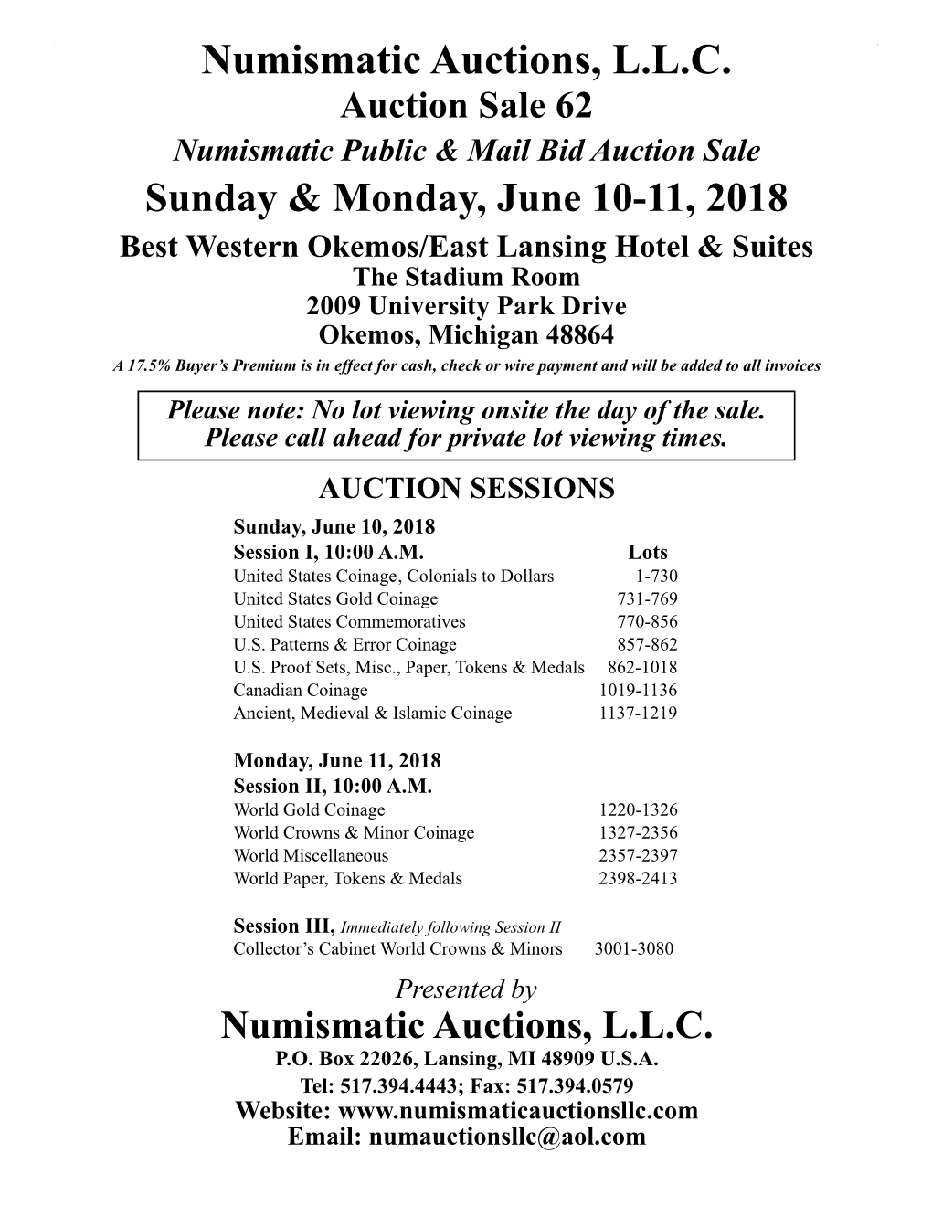 Numismatic Auctions, L.L.C. P.O