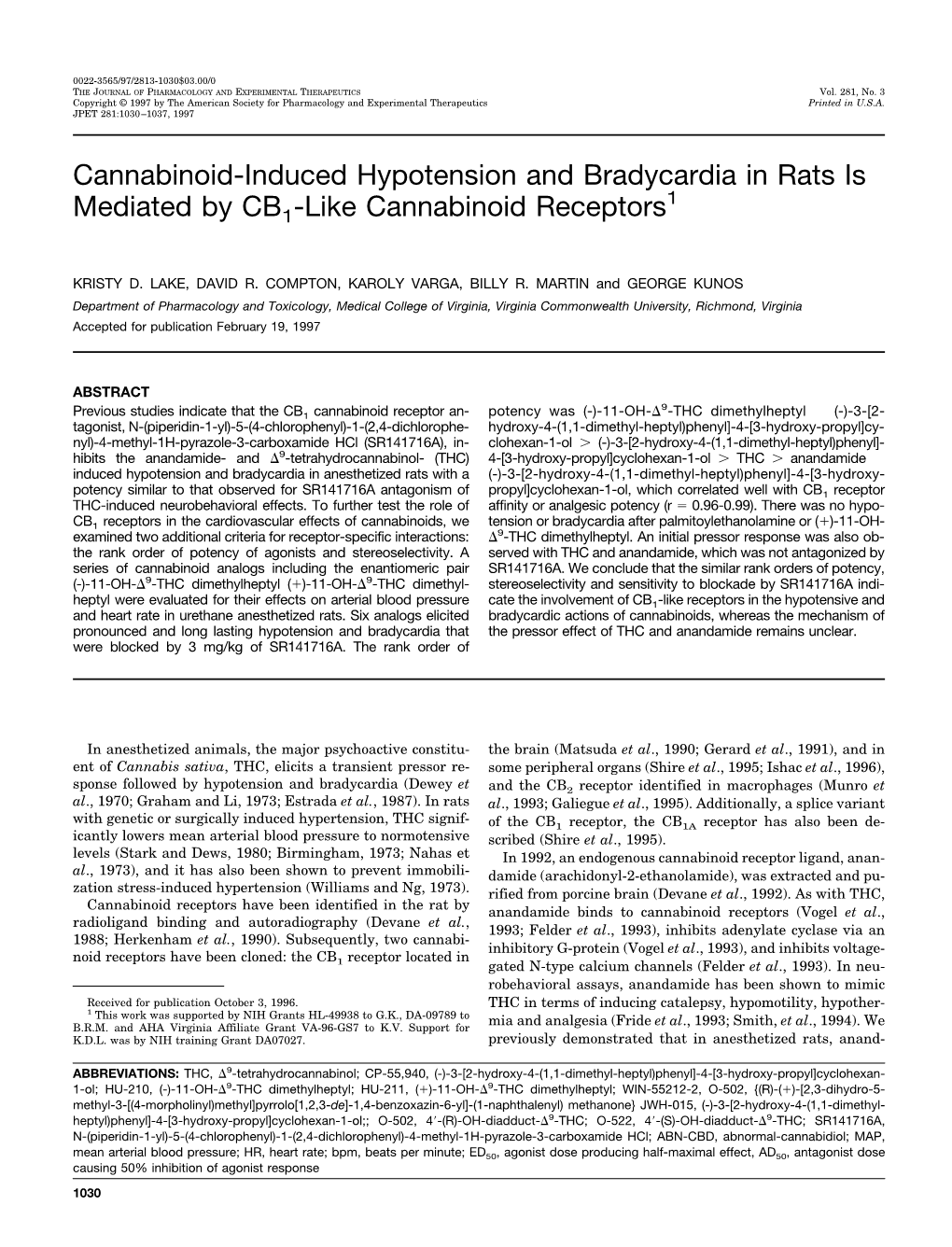 Cannabinoid-Induced Hypotension and Bradycardia in Rats Is 1 Mediated by CB1-Like Cannabinoid Receptors