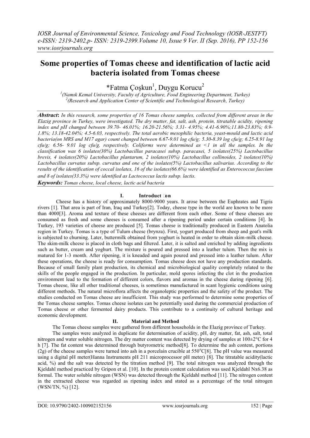 Some Properties of Tomas Cheese and Identification of Lactic Acid Bacteria Isolated from Tomas Cheese