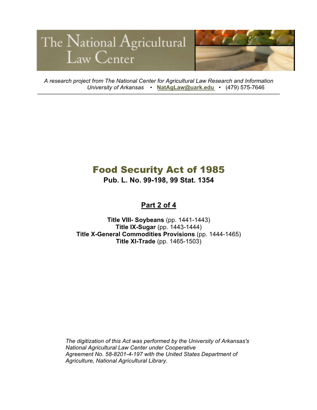 U.S. Farm Bills, National Agricultural Law Center