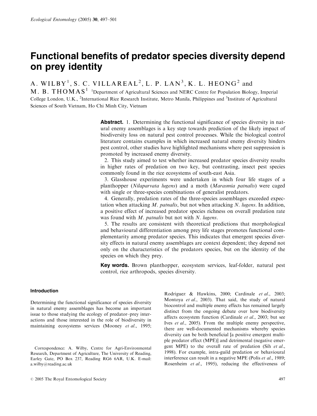 Functional Benefits of Predator Species Diversity Depend on Prey Identity