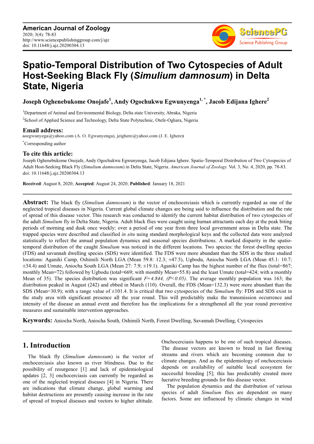 Spatio-Temporal Distribution of Two Cytospecies of Adult Host-Seeking Black Fly (Simulium Damnosum) in Delta State, Nigeria