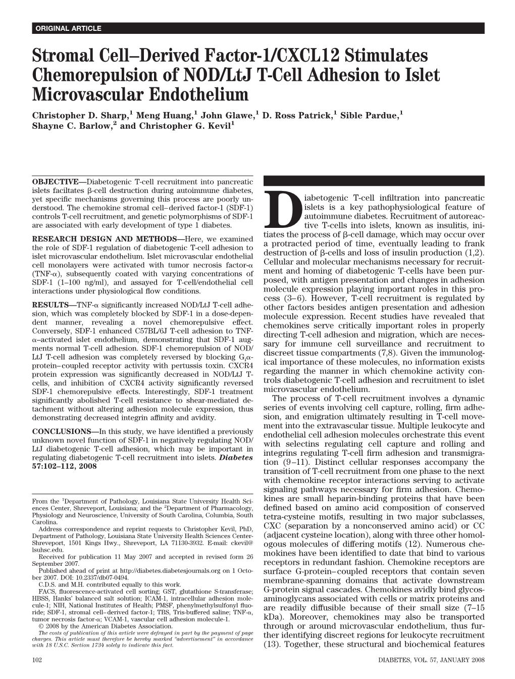 Stromal Cell–Derived Factor-1/CXCL12 Stimulates Chemorepulsion of NOD/Ltj T-Cell Adhesion to Islet Microvascular Endothelium Christopher D