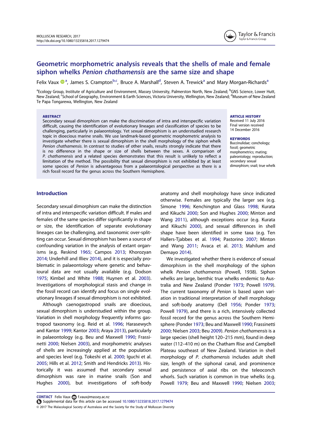 Geometric Morphometric Analysis Reveals That the Shells of Male and Female Siphon Whelks Penion Chathamensis Are the Same Size and Shape Felix Vaux A, James S