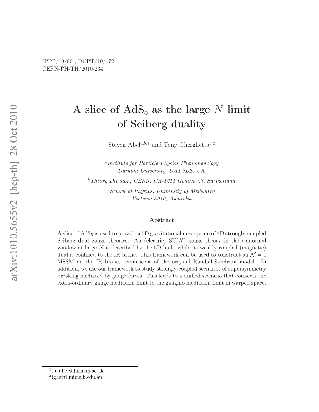 A Slice of Ads 5 As the Large N Limit of Seiberg Duality