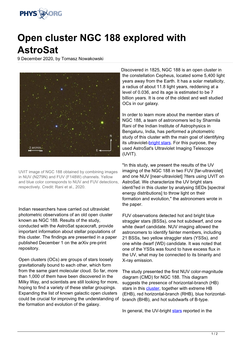 Open Cluster NGC 188 Explored with Astrosat 9 December 2020, by Tomasz Nowakowski