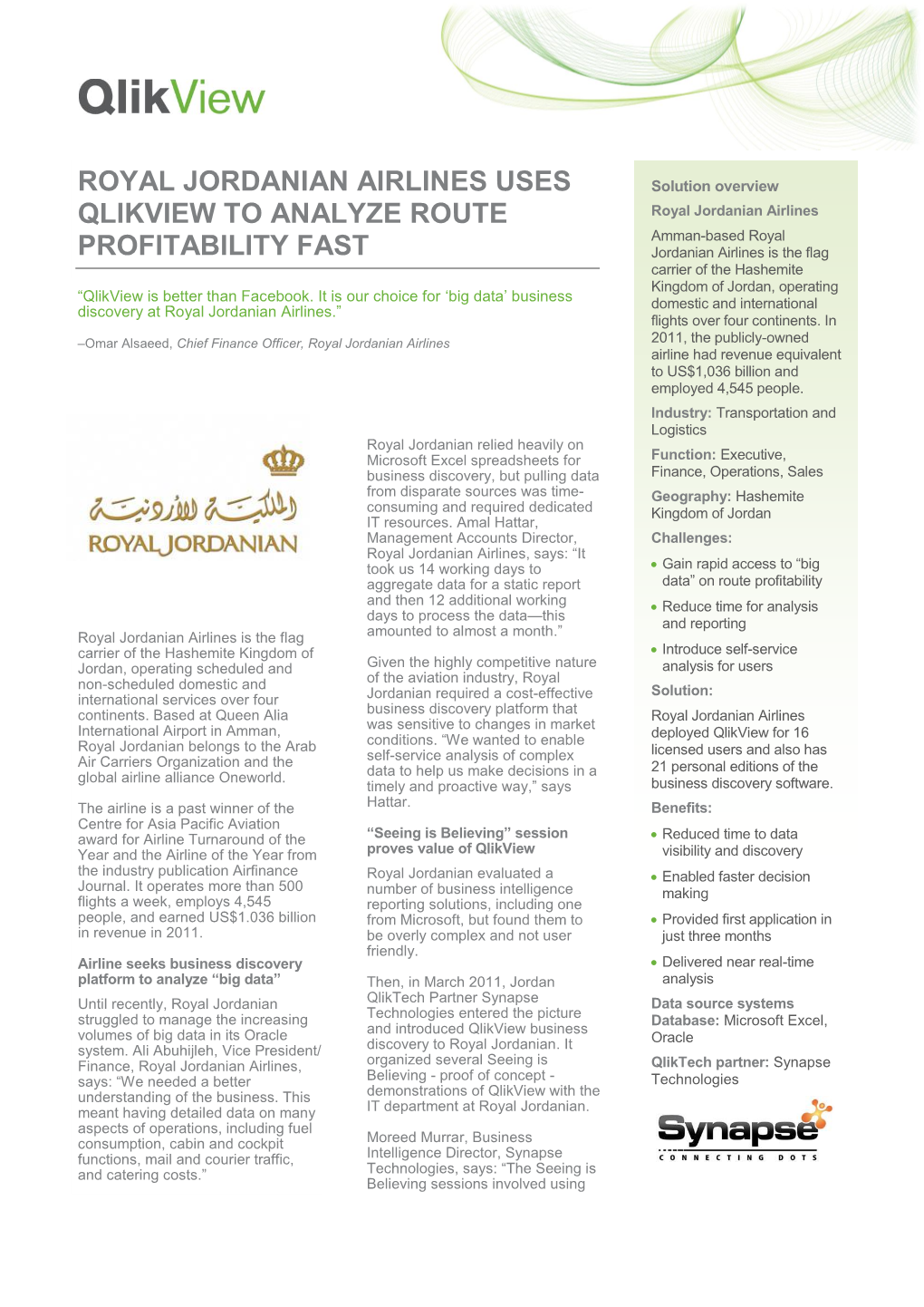 Royal Jordanian Airlines Uses Qlikview to Analyze Route