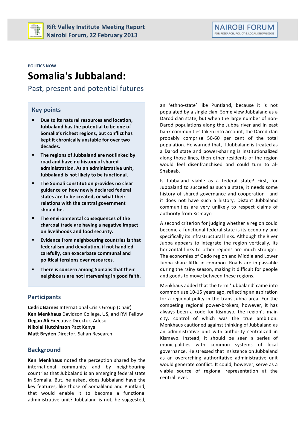 Somalia's Jubbaland: Past, Present and Potential Futures