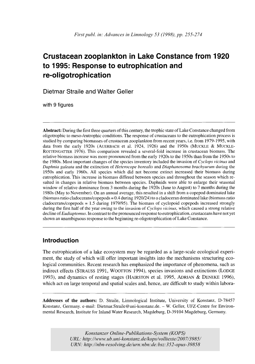 Crustacean Zooplankton in Lake Constance from 1920 to 1995: Response to Eutrophication and Re-Oligotrophication