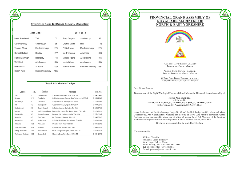 Provincial Grand Assembly of Royal Ark Mariners of Recipients of Royal Ark Mariner Provincial Grand Rank North & East Yorkshire