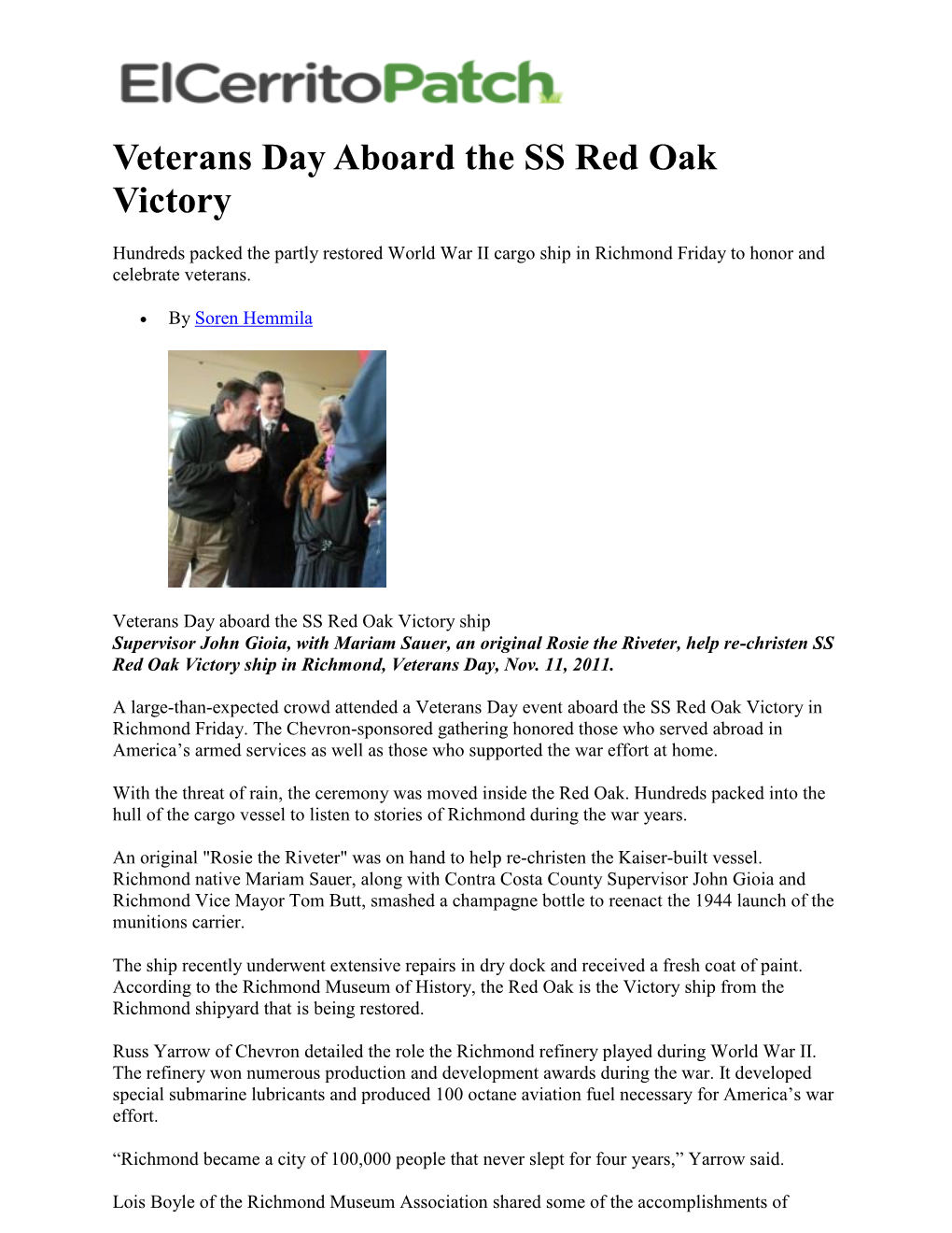 Veterans Day Aboard the SS Red Oak Victory