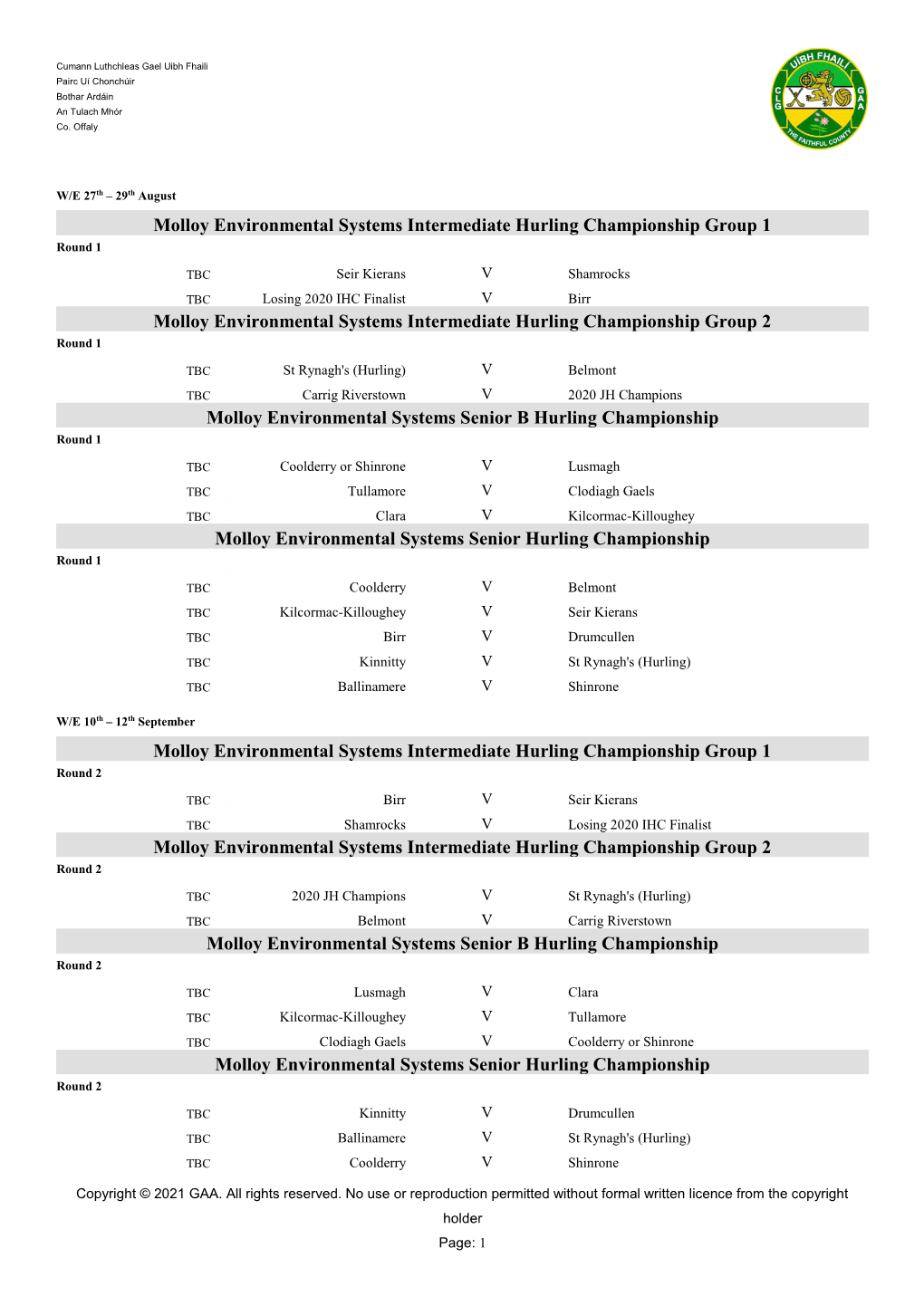 2021 Adult Hurling Championship Fixtures