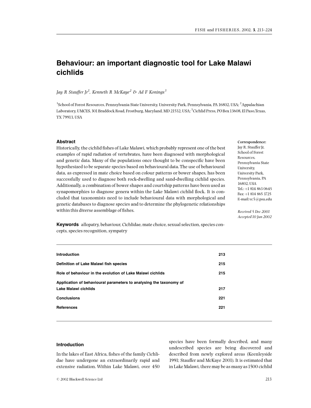 Behaviour: an Important Diagnostic Tool for Lake Malawi Cichlids PDF