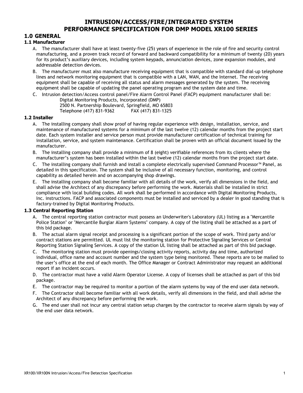 Intrusion/Access/Fire Integrated System Performance Specification for Model Xr500