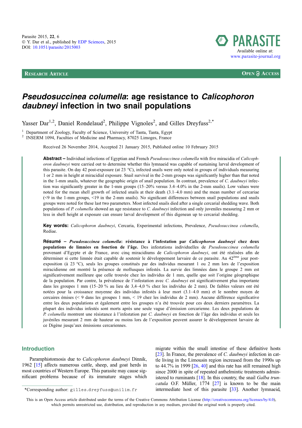 Pseudosuccinea Columella: Age Resistance to Calicophoron Daubneyi Infection in Two Snail Populations