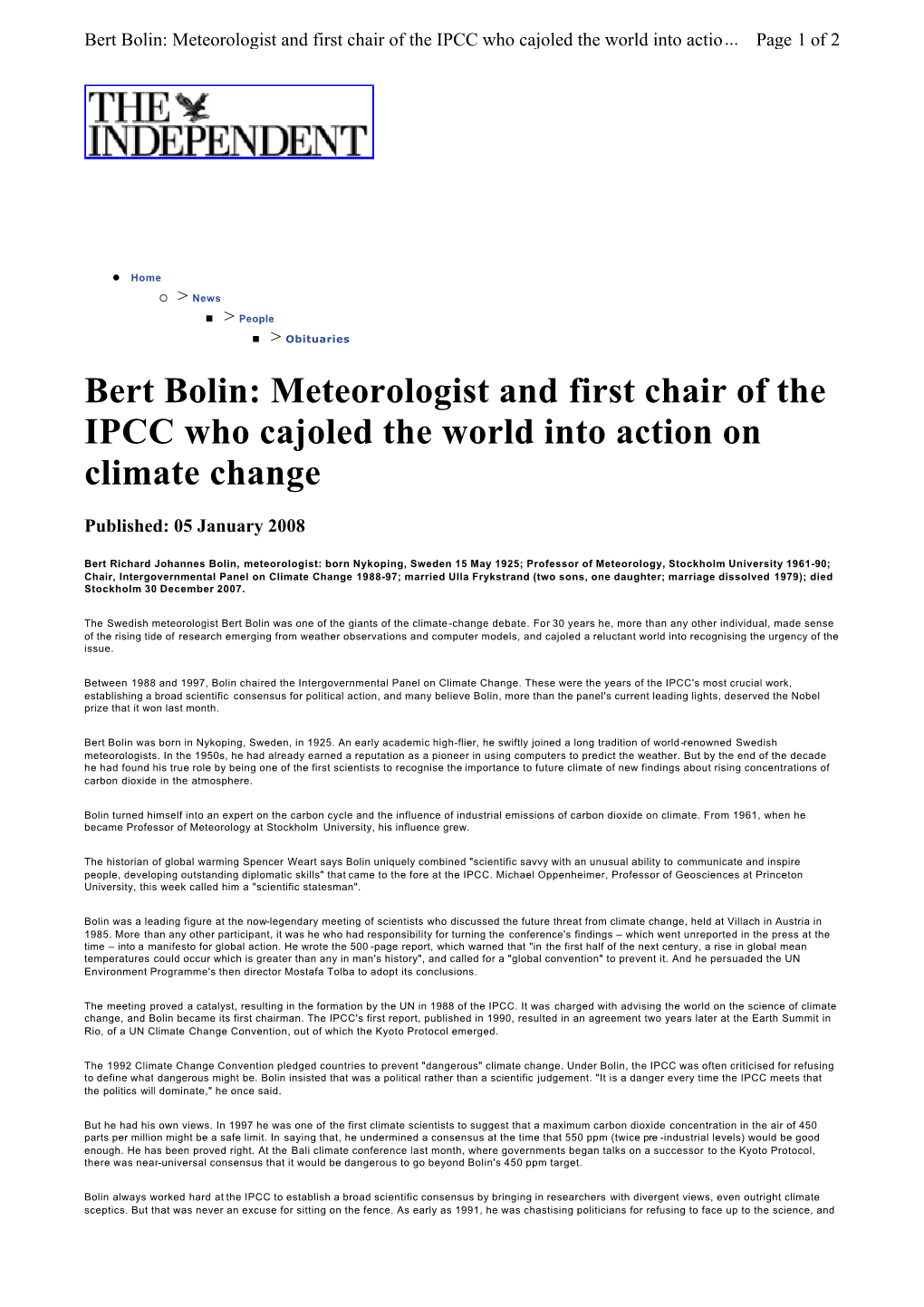 Bert Bolin: Meteorologist and First Chair of the IPCC Who Cajoled the World Into Actio