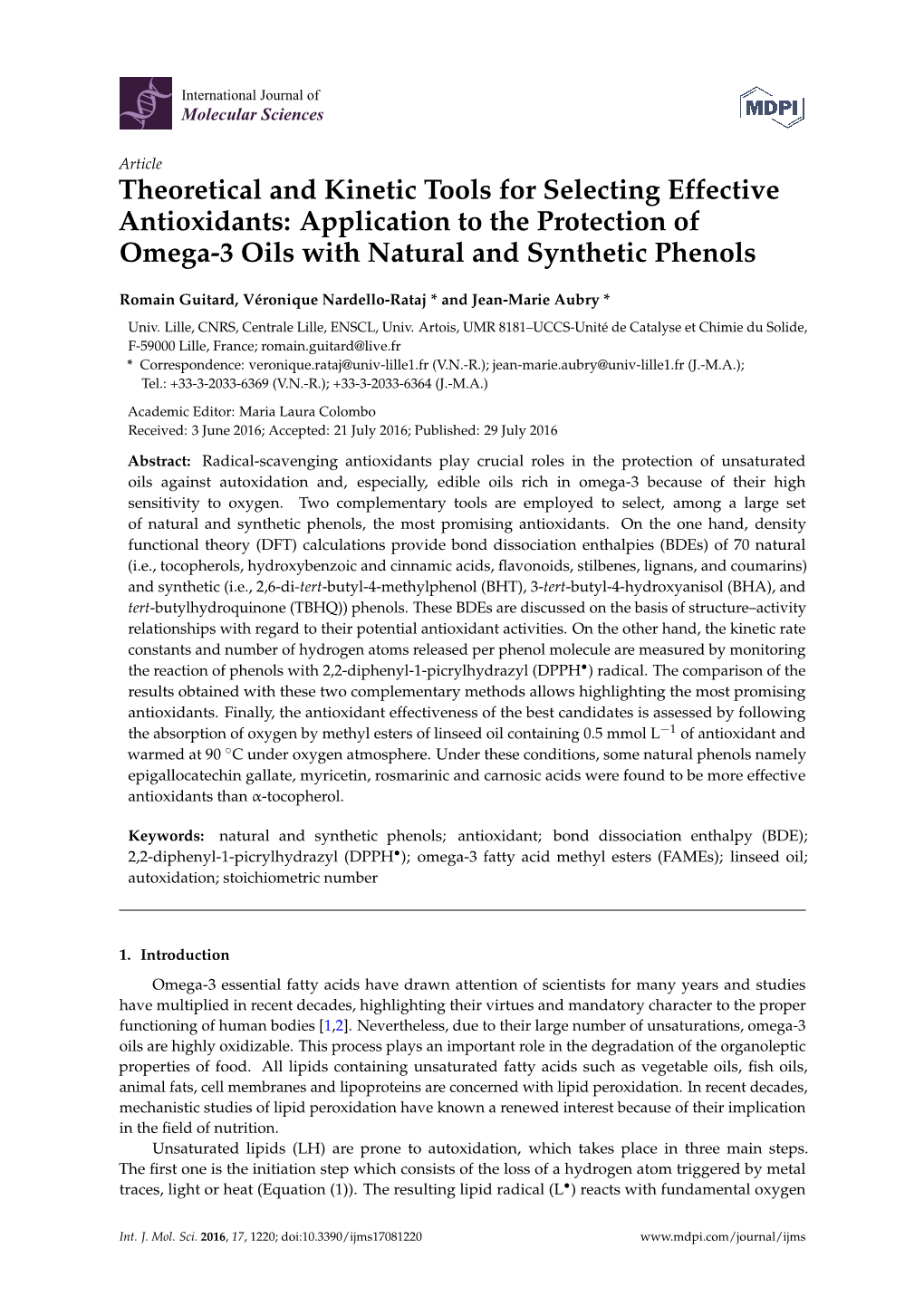 Theoretical and Kinetic Tools for Selecting Effective Antioxidants: Application to the Protection of Omega-3 Oils with Natural and Synthetic Phenols