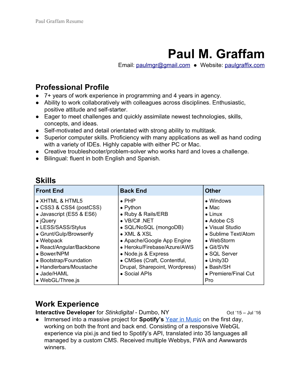 Paul M. Graffam Email: Paulmgr@Gmail.Com ● Website: Paulgraffix.Com ​ ​ ​ ​ ​ ​ ​