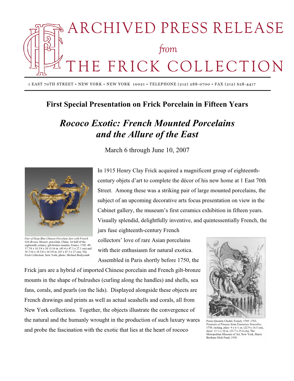 PRESS RELEASE from the FRICK COLLECTION