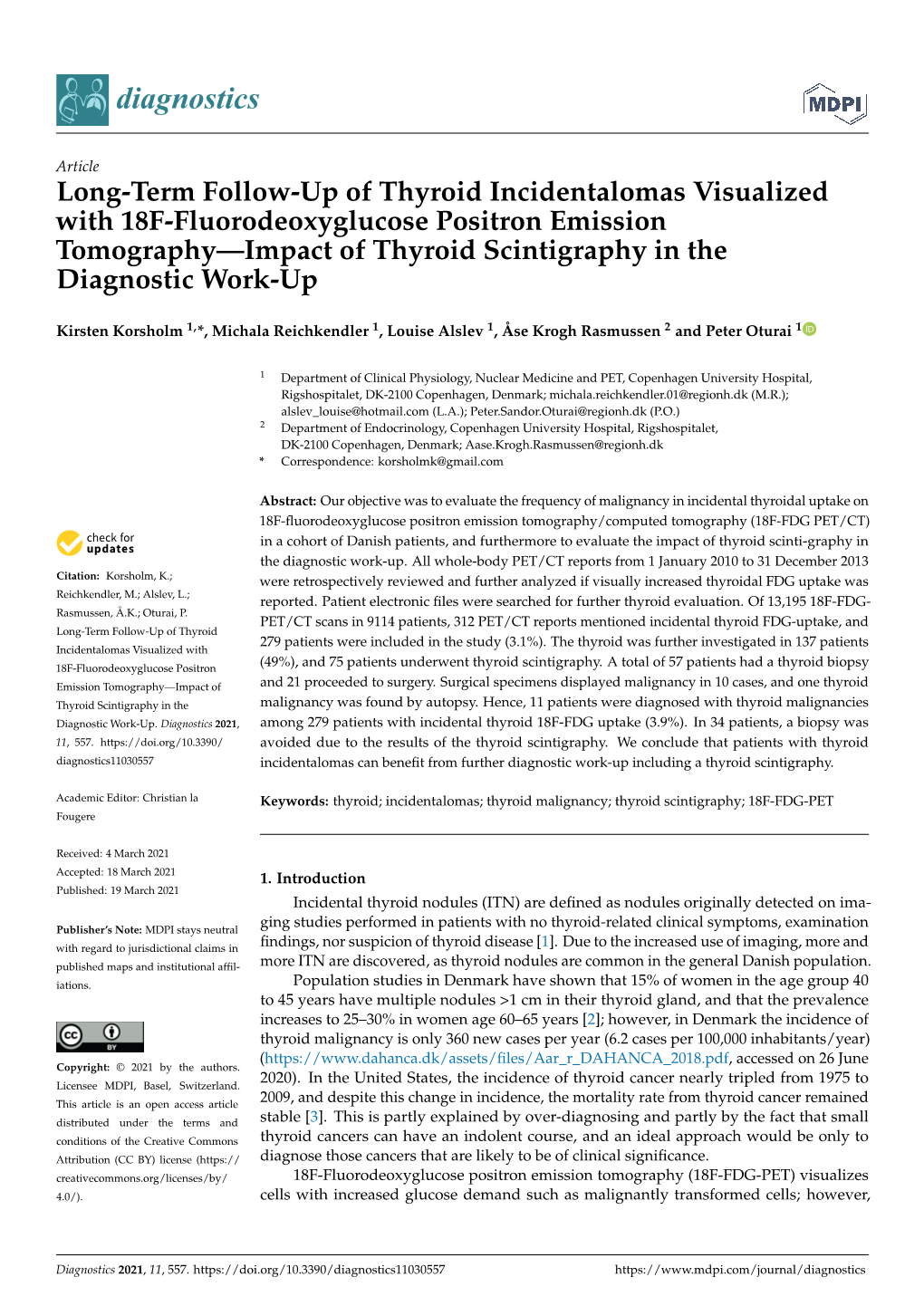 Long-Term Follow-Up of Thyroid Incidentalomas Visualized with 18F