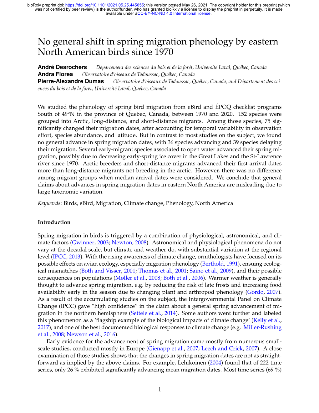 No General Shift in Spring Migration Phenology by Eastern North American Birds Since 1970