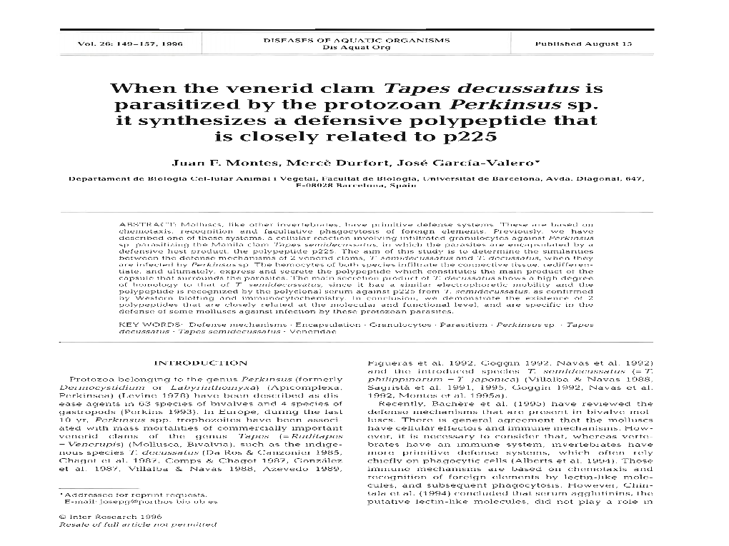 When the Venerid Clam Tapes Decussatus Is Parasitized by the Protozoan Perkinsus Sp