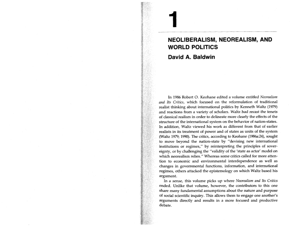 NEOLIBERALISM, NEOREALISM, and WORLD POLITICS David A