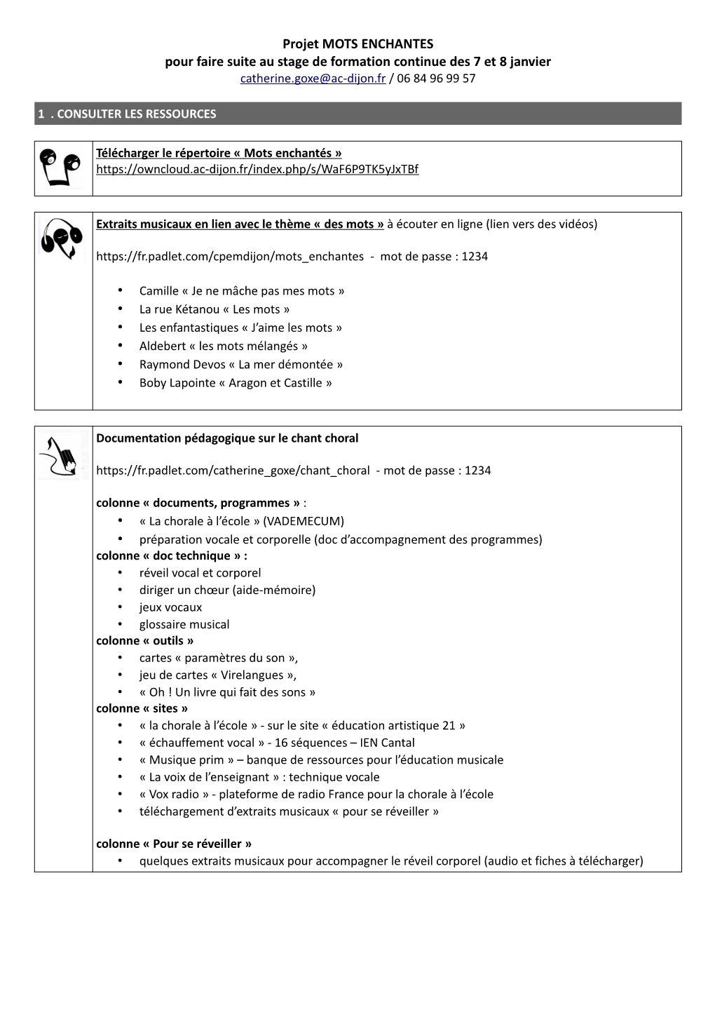 Projet MOTS ENCHANTES Pour Faire Suite Au Stage De Formation Continue Des 7 Et 8 Janvier Catherine.Goxe@Ac-Dijon.Fr / 06 84 96 99 57