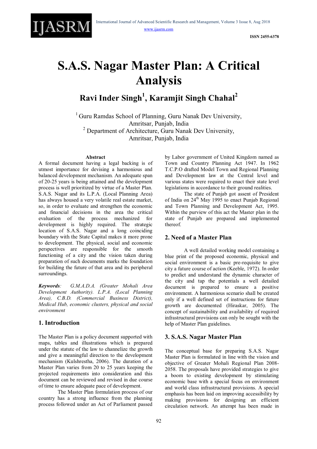 S.A.S. Nagar Master Plan: a Critical Analysis