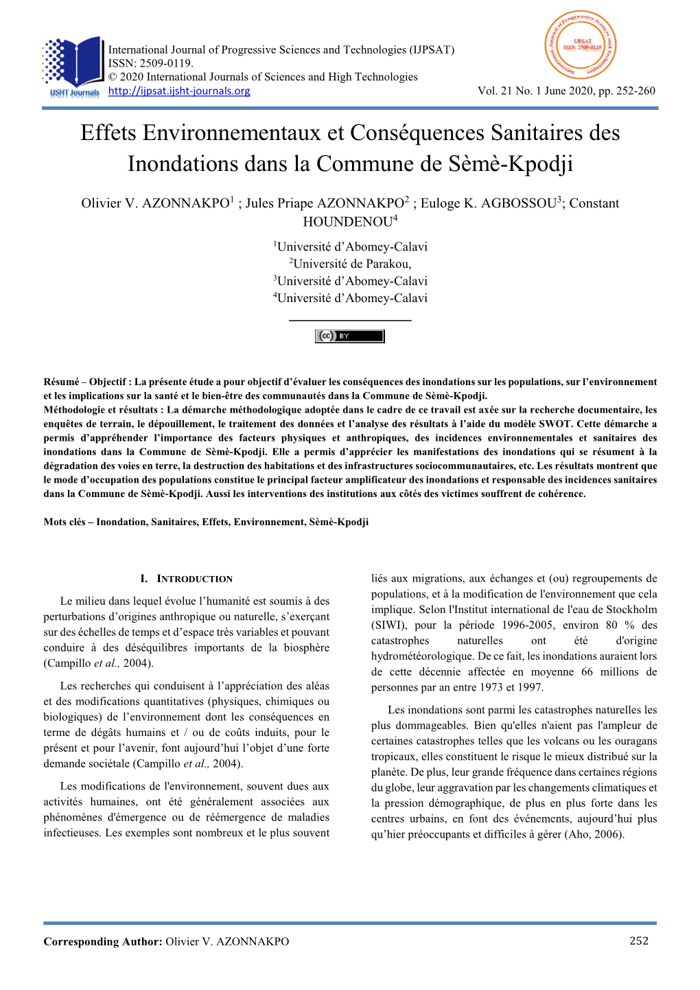 Effets Environnementaux Et Conséquences Sanitaires Des Inondations Dans La Commune De Sèmè-Kpodji