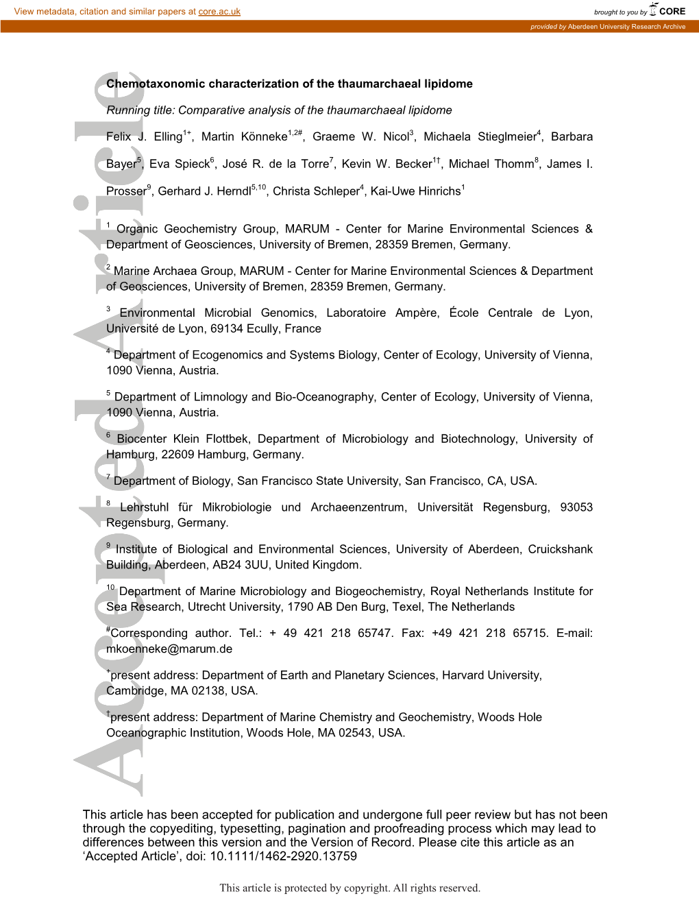 Chemotaxonomic Characterization of the Thaumarchaeal Lipidome