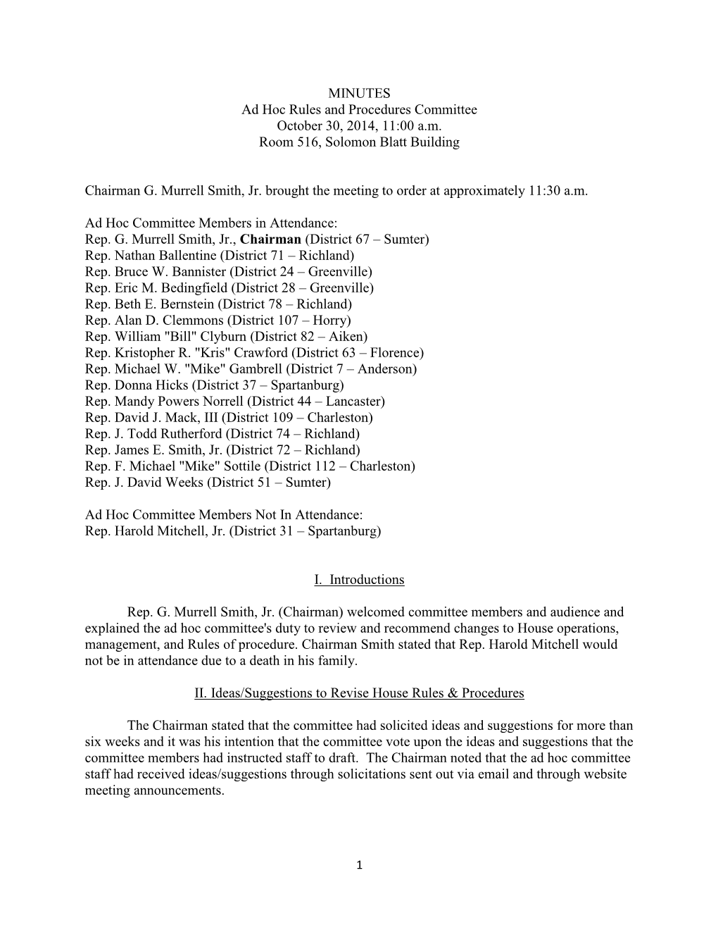 MINUTES Ad Hoc Rules and Procedures Committee October 30, 2014, 11:00 A.M