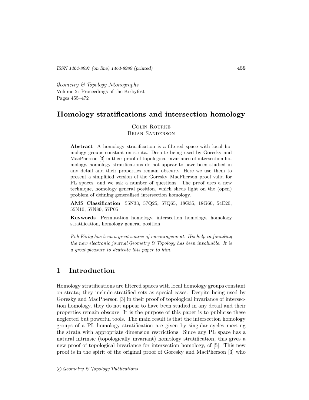 Homology Stratifications and Intersection Homology 1 Introduction