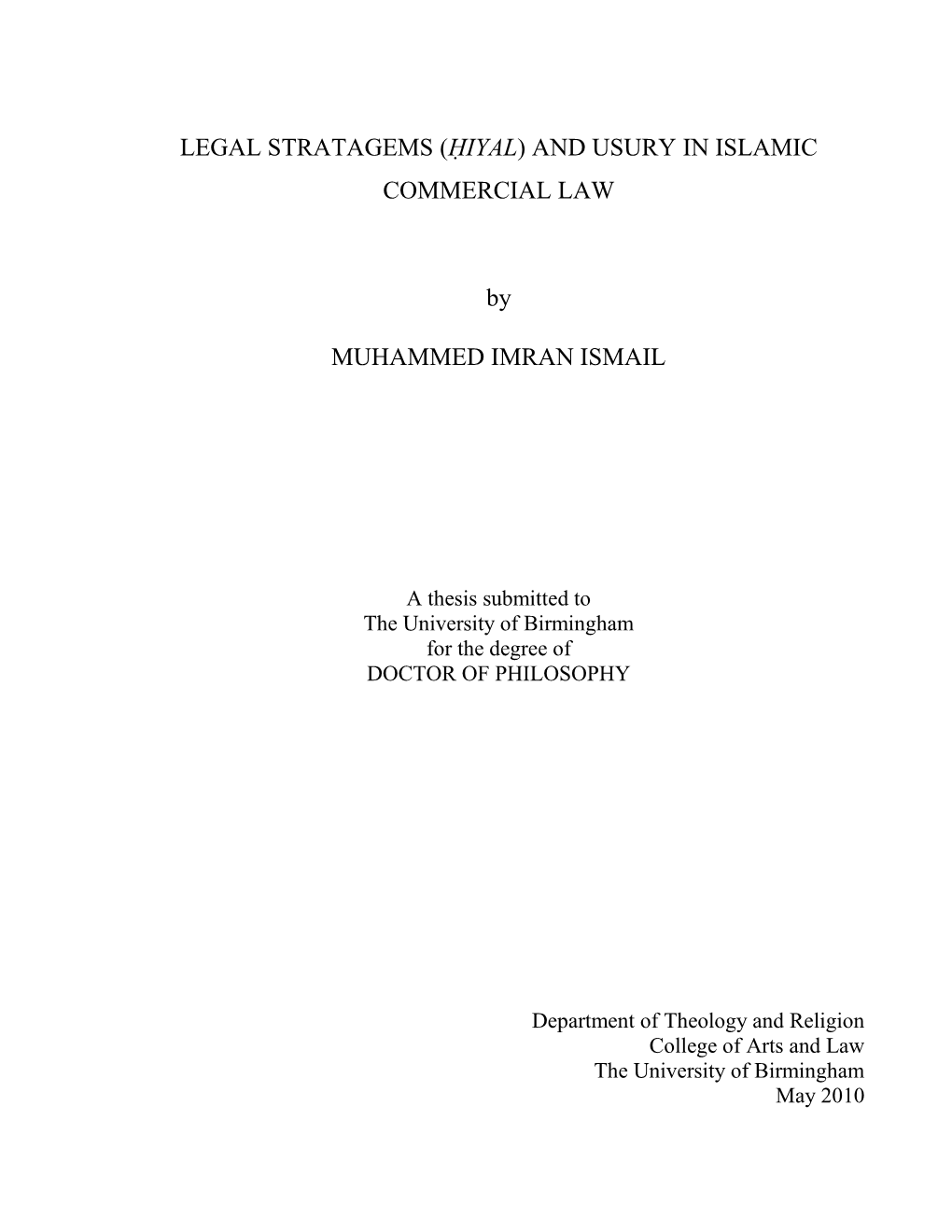 (Ḥiyal) and Usury in Islamic Commercial Law