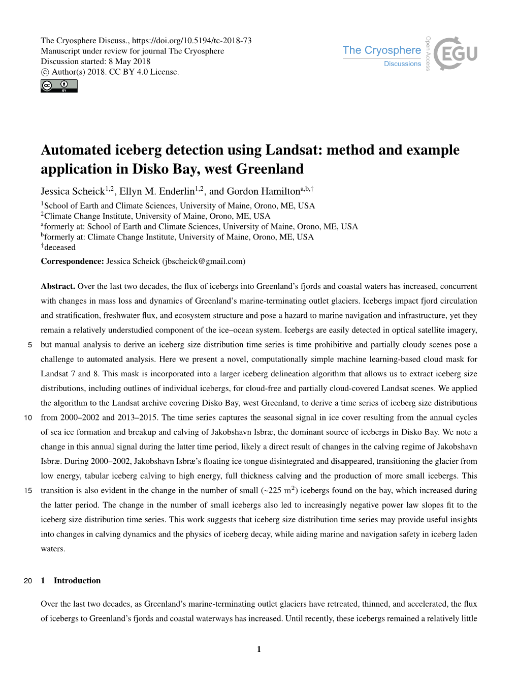 Automated Iceberg Detection Using Landsat: Method and Example Application in Disko Bay, West Greenland