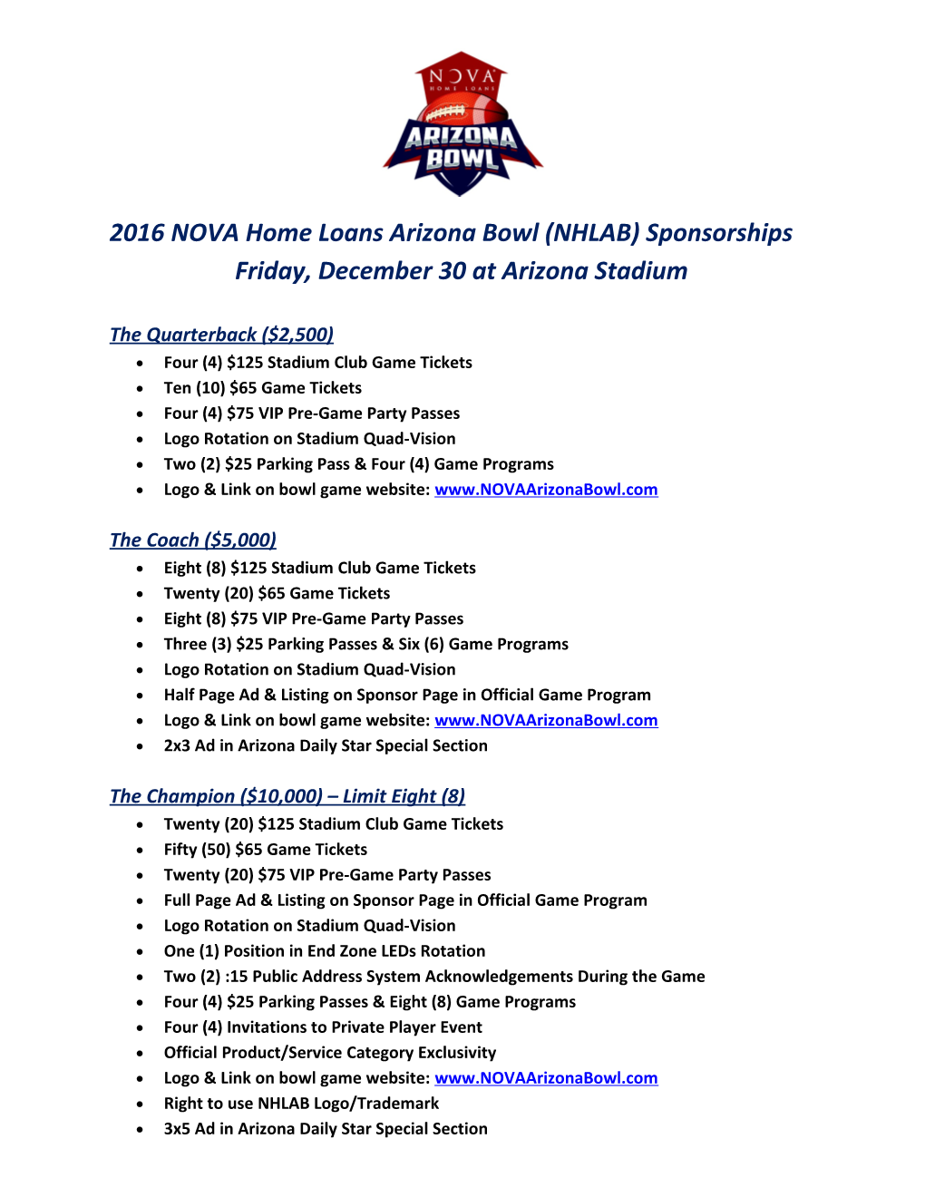 2016 NOVA Home Loans Arizona Bowl (NHLAB) Sponsorships