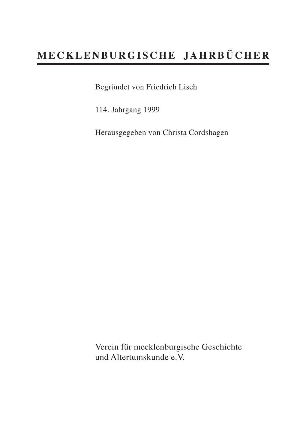 Mecklenburgische Jahrbücher 114. Jahrgang 1999