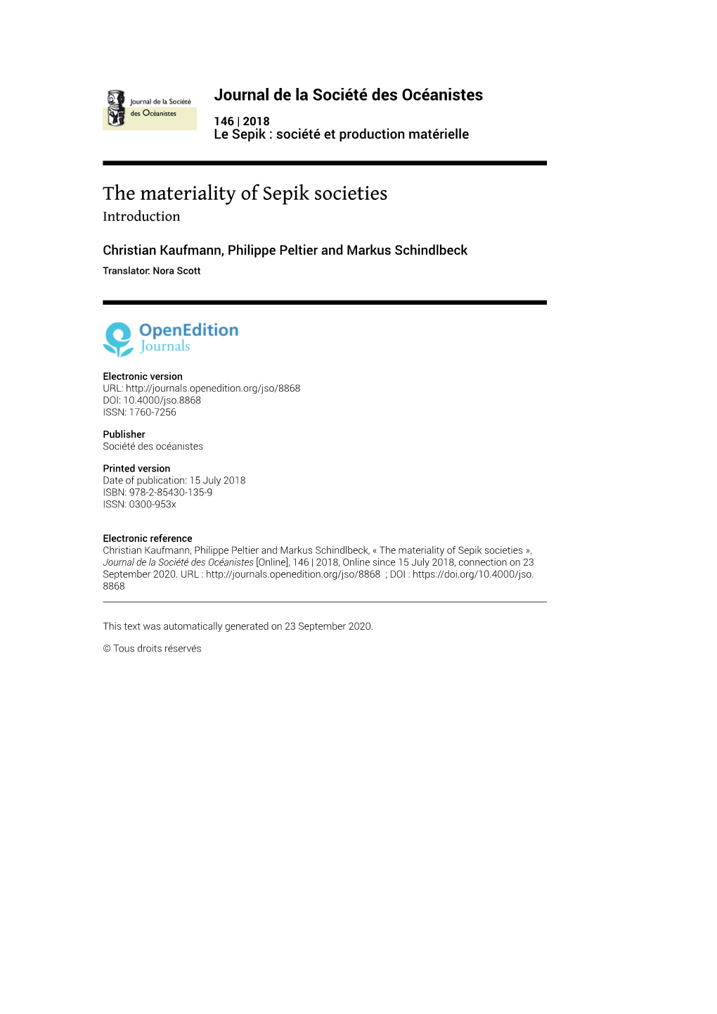 Journal De La Société Des Océanistes, 146 | 2018 the Materiality of Sepik Societies 2