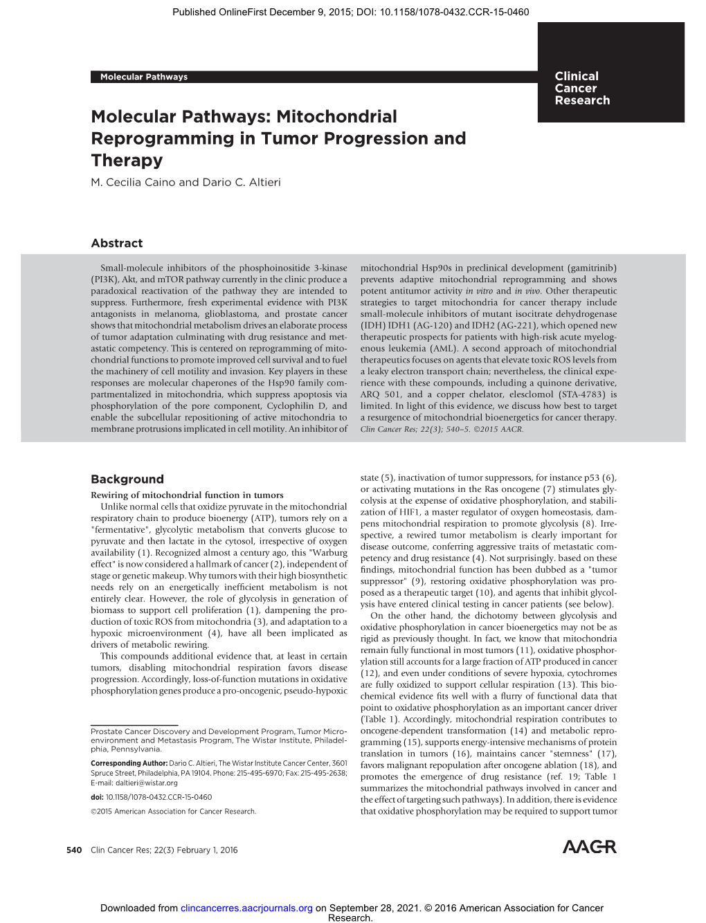 Mitochondrial Reprogramming in Tumor Progression and Therapy M