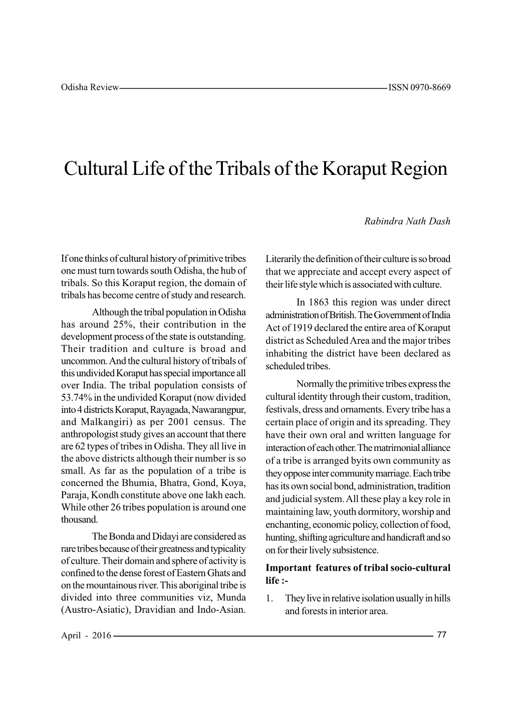 Cultural Life of the Tribals of the Koraput Region