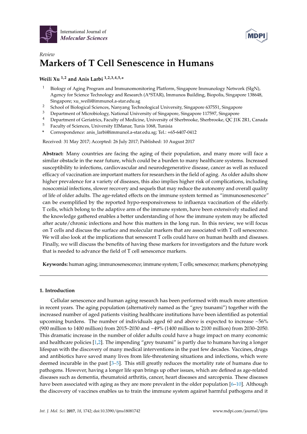 Markers of T Cell Senescence in Humans