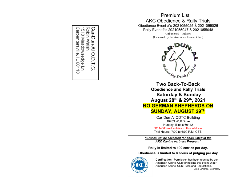 Premium List AKC Obedience & Rally Trials Two Back-To-Back Saturday & Sunday August 28Th & 29Th, 2021 NO GERMAN SH