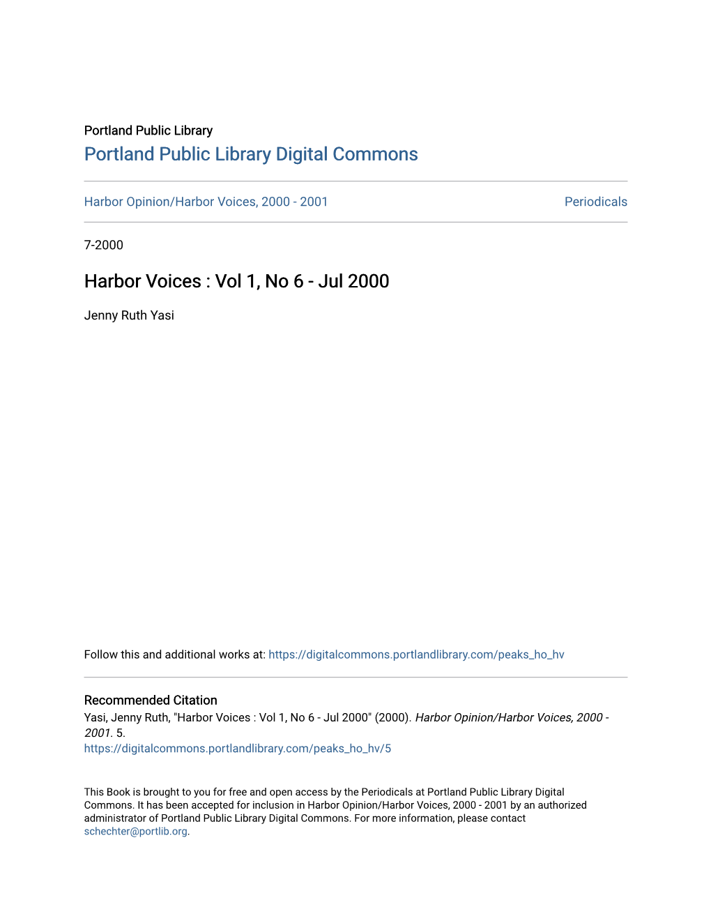 Harbor Voices, 2000 - 2001 Periodicals