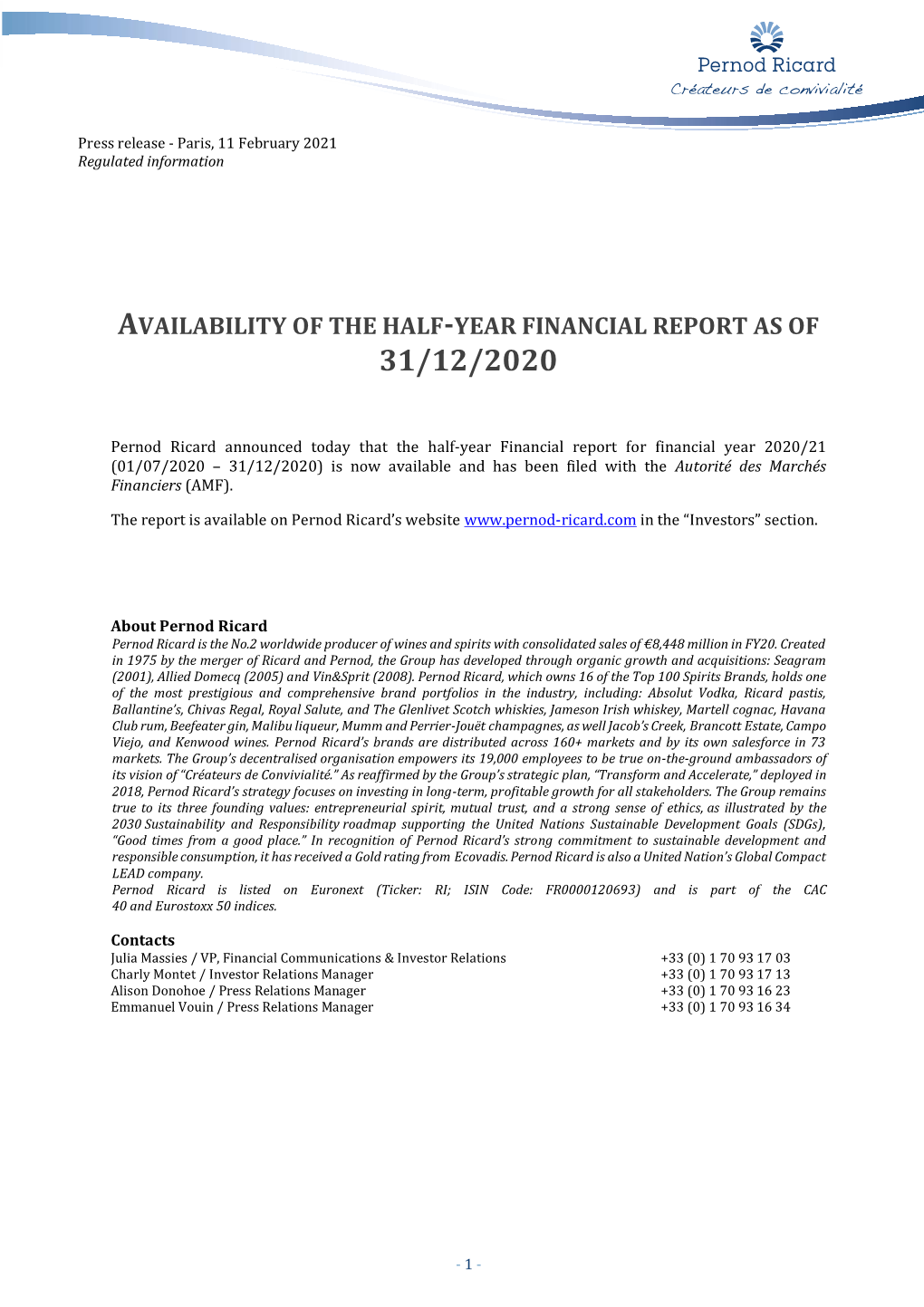 Availability of the Half-Year Financial Report As of 31/12/2020