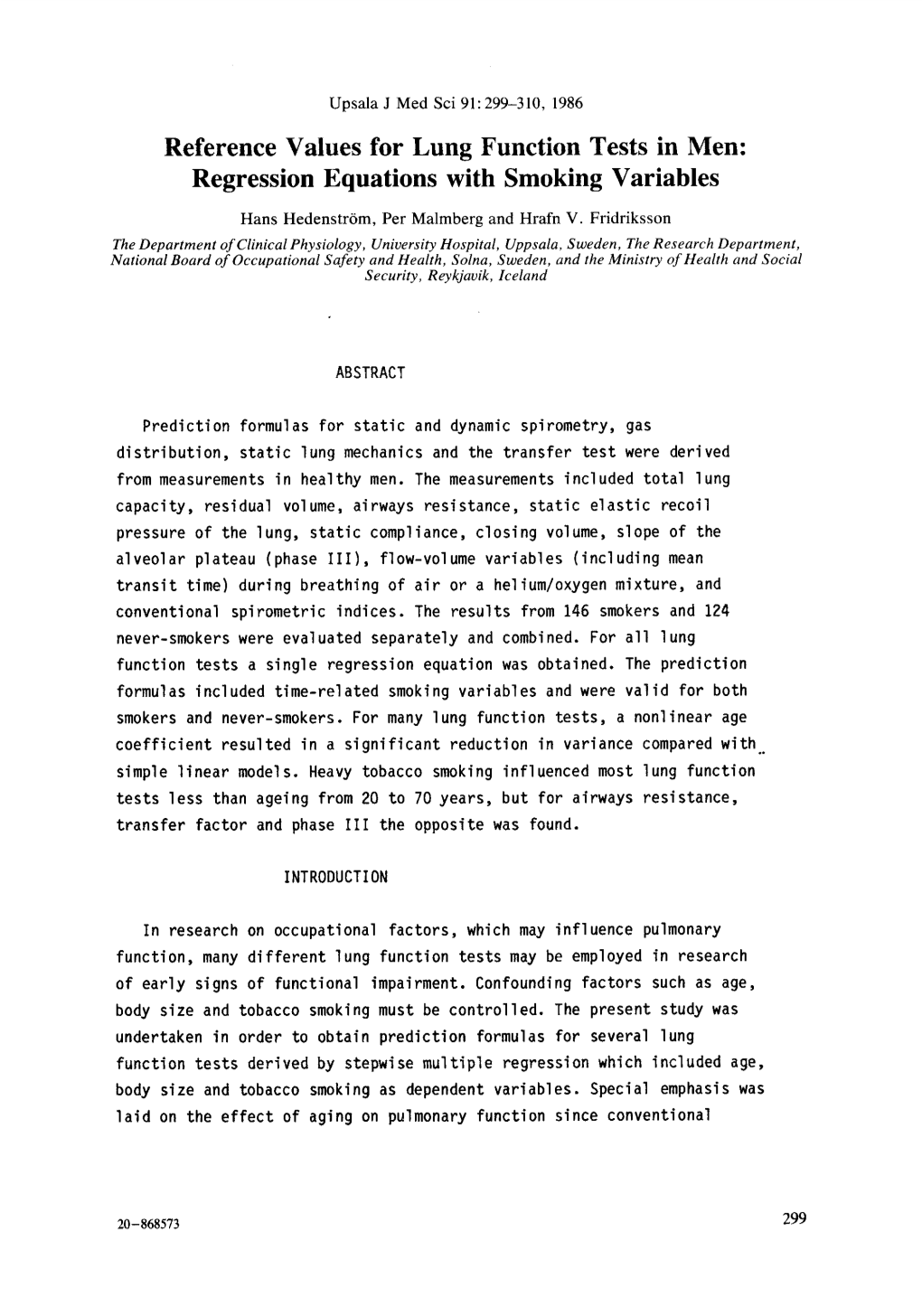 Reference Values for Lung Function Tests in Men: Regression Equations with Smoking Variables