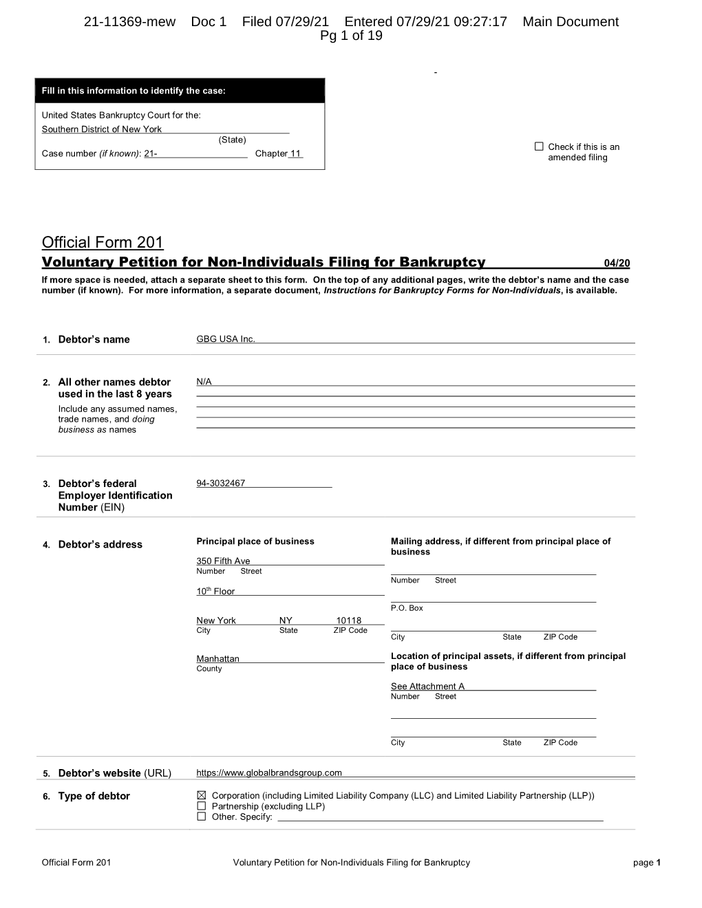 Petition for Non-Individuals Filing for Bankruptcy 04/20 If More Space Is Needed, Attach a Separate Sheet to This Form