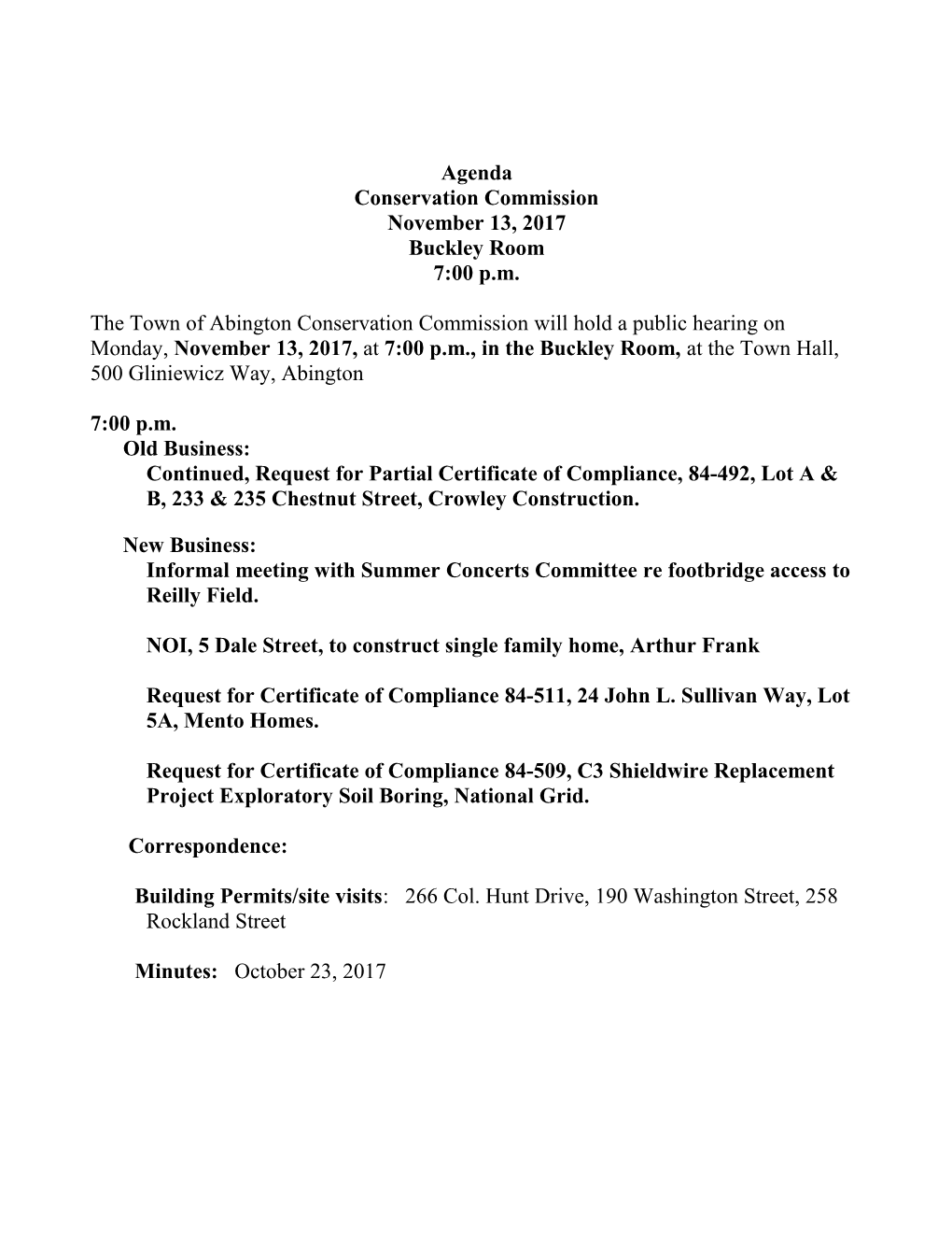 The Town of Abington Zoning Board of Appeals Will Hold a Public Hearing on Thursday, January