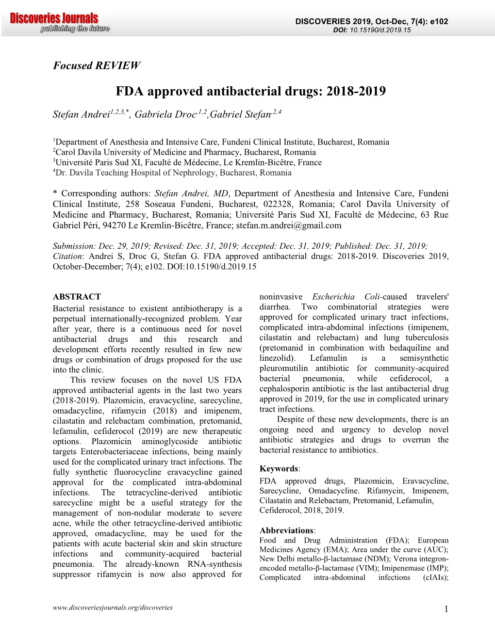 FDA Approved Antibacterial Drugs in 2018 and 2019